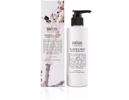 Salus Geranium & Juniper Berry Body Wash bottle and packaging on a white background