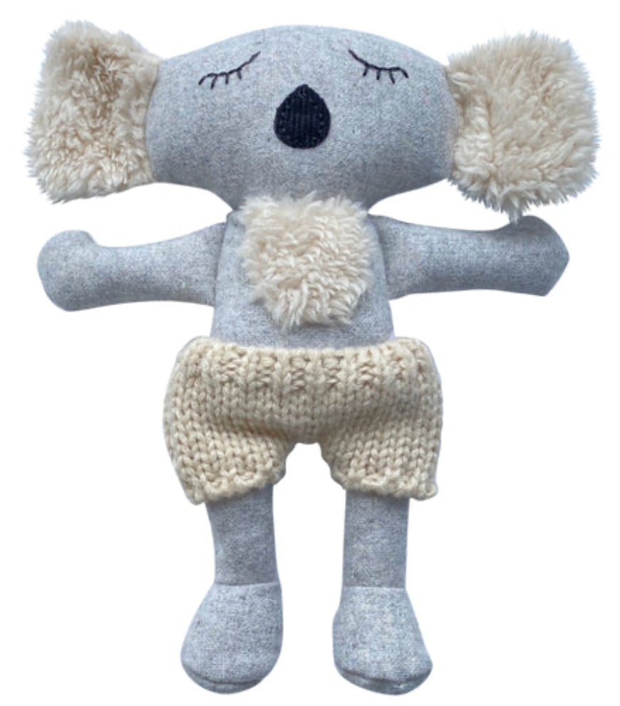 Knitted koala toy with pom-pom ears on a white background