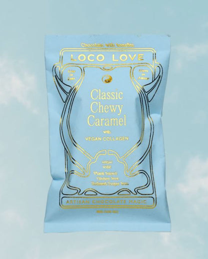 Blue package of Loco Love Classic Chewy Caramel on a light blue background