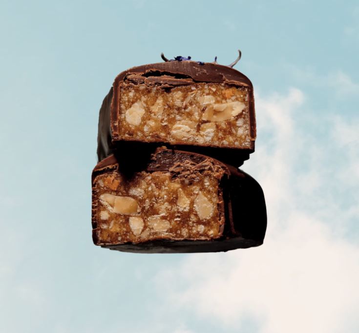 Two chocolate-covered bars with a visible nut filling against a light blue sky.