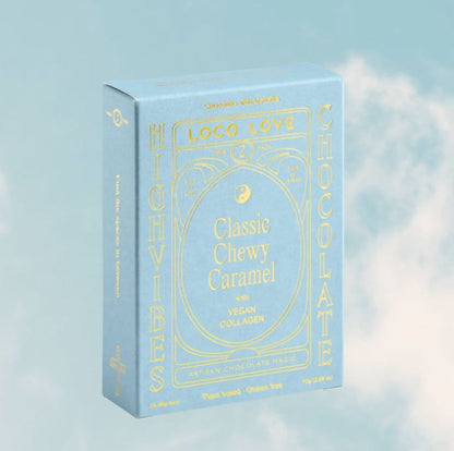 Box of Loco Love Classic Chewy Caramel on a light blue background