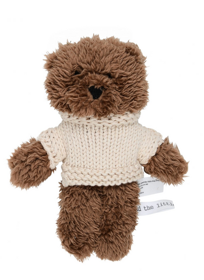 Brown teddy bear wearing a knitted sweater on a white background